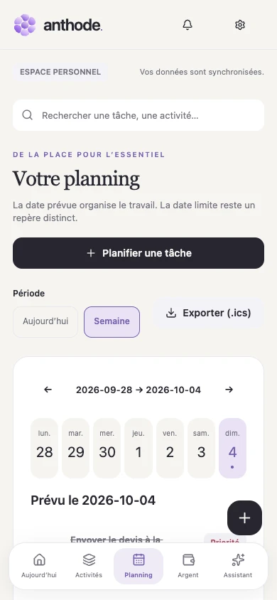 L’écran Planning d’Anthode : la semaine du lundi au dimanche, le bouton Planifier une tâche et l’export du calendrier au format .ics.