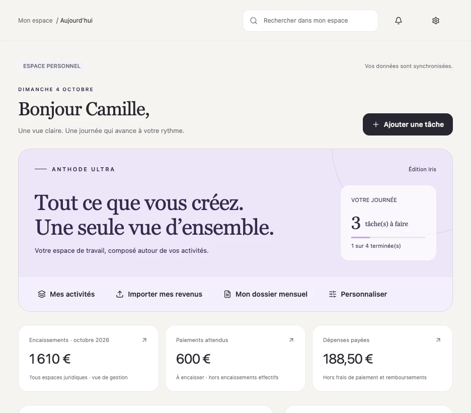 L’accueil d’un espace Anthode Ultra en édition Iris : vue d’ensemble des tâches du jour, raccourcis vers les activités, l’import des revenus et le dossier mensuel, puis les montants du mois.